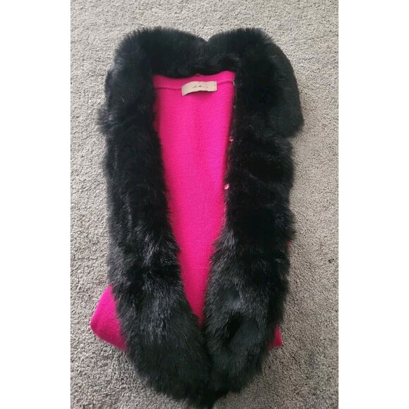 i.e. Button Hotpink Long Sleeves Cardigan Sweater Removeable Faux Fur Colar Sz L - Picture 8 of 10